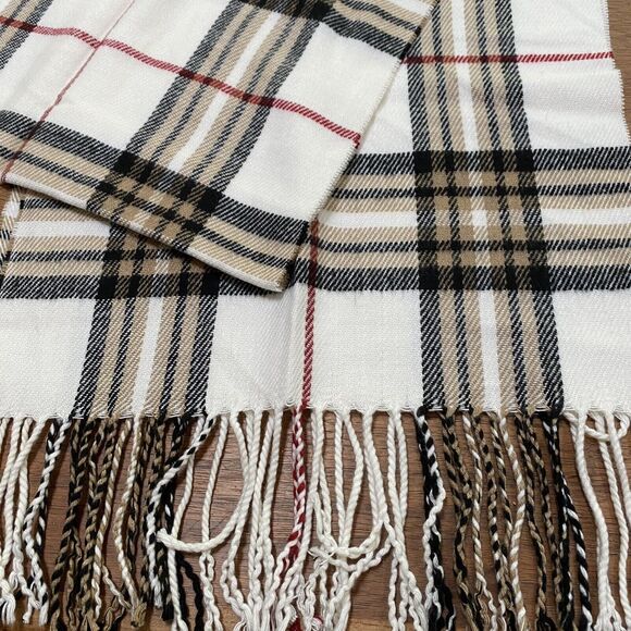 Unisex Scarf Warm Cashmere Feel Italian Design Tan Black & Cream Plaid w/ Fringe - Picture 4 of 5